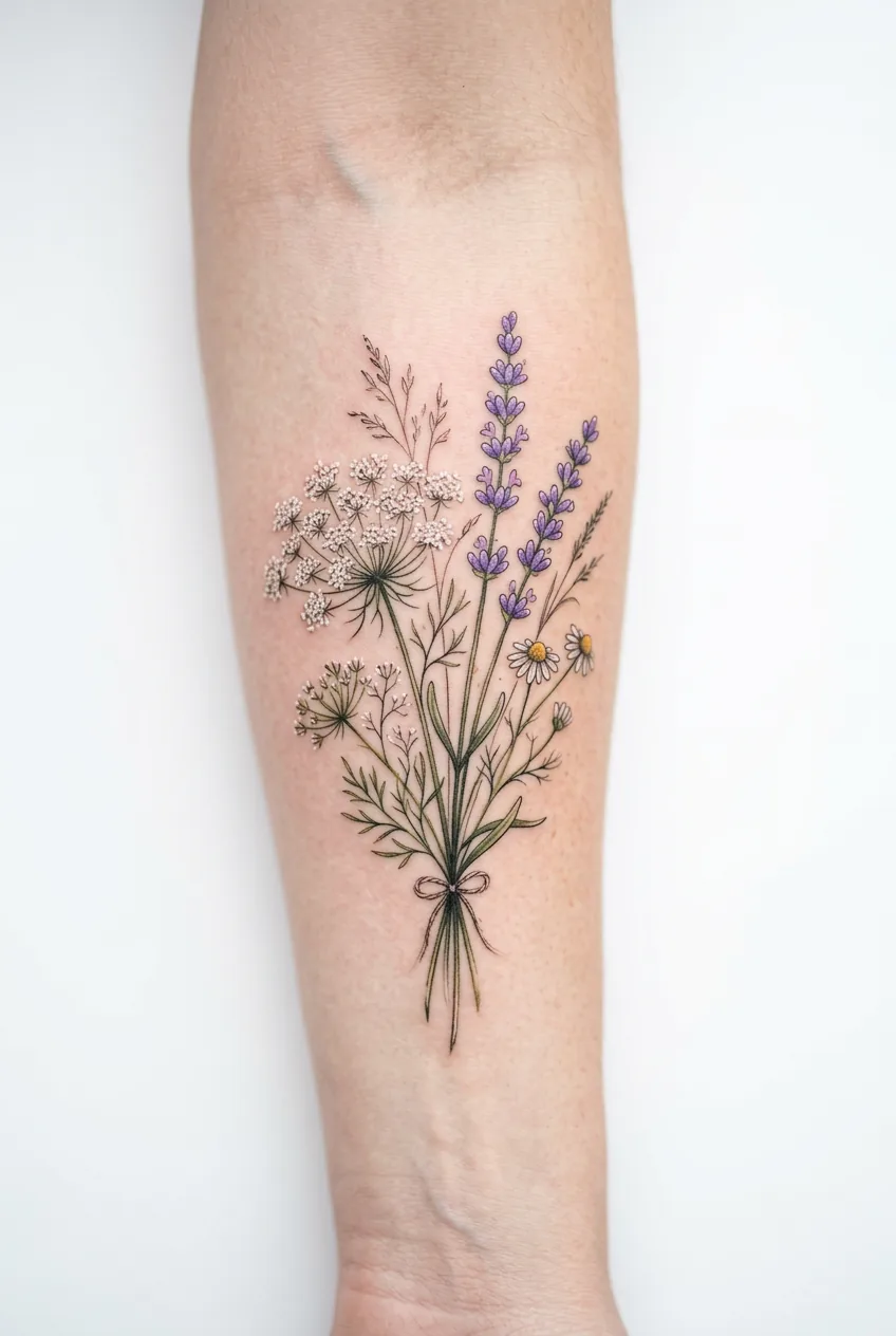 Wildflower bouquet tattoo featuring Queen Anne's lace and lavender stems on forearm