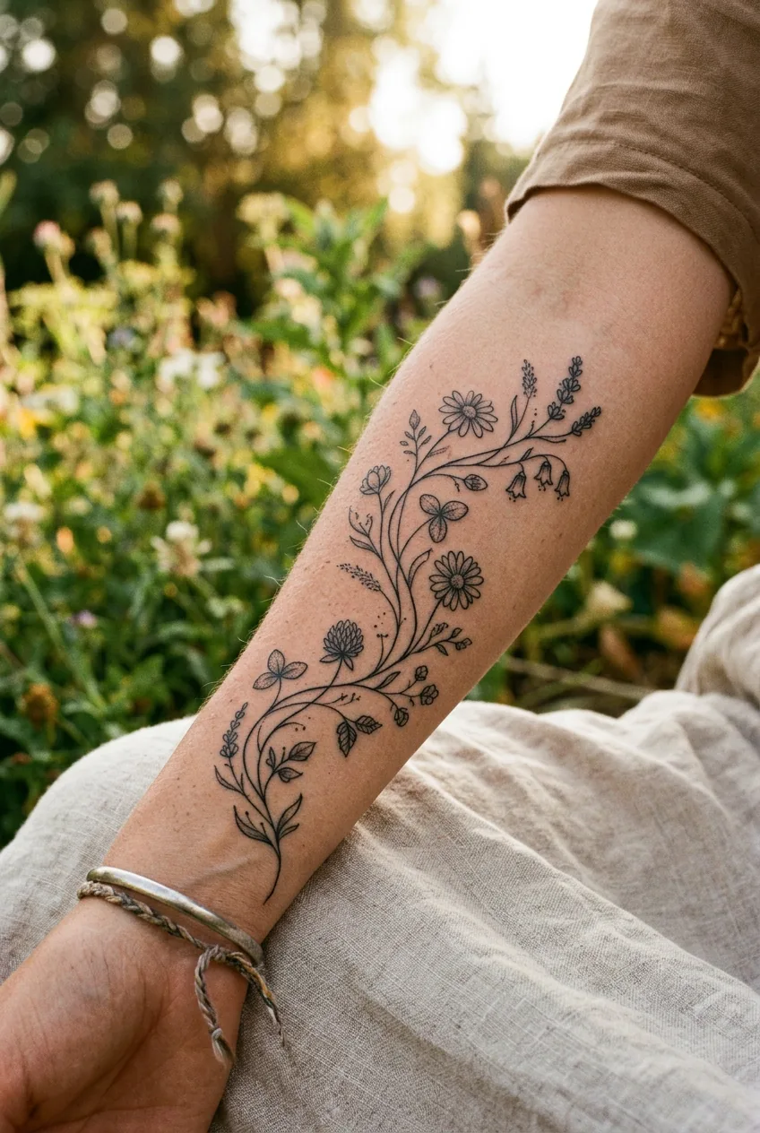 Wildflower stem tattoo running up woman's left forearm showing natural botanical design details