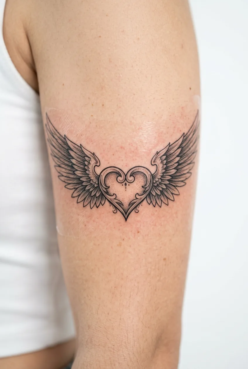 Upper arm featuring winged heart tattoo with detailed feather work extending from heart center