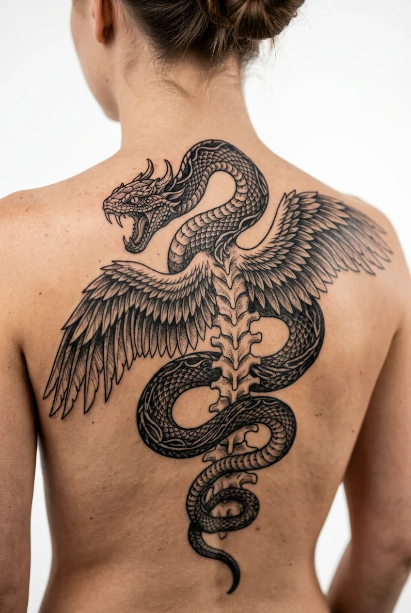 Amphiptere winged serpent design wrapping gracefully around spine area