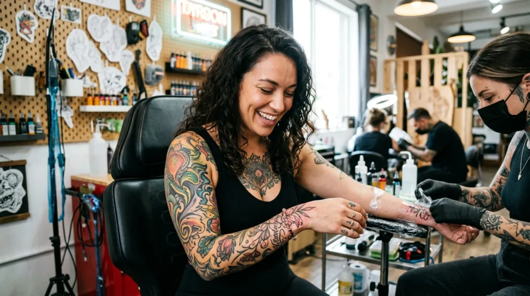 Woman in tattoo studio looking down at fresh shoulder tattoo with genuine delighted expression