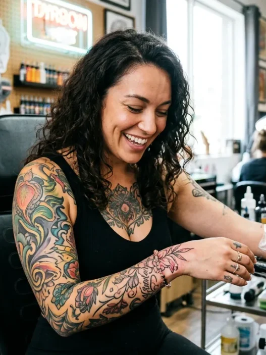 Woman in tattoo studio looking down at fresh shoulder tattoo with genuine delighted expression