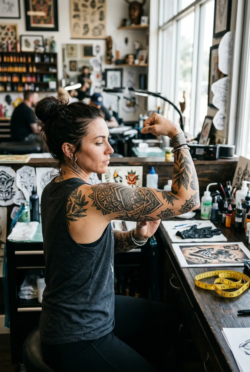 Tattooed woman examining her bare arm in mirror studying muscle definition and skin texture