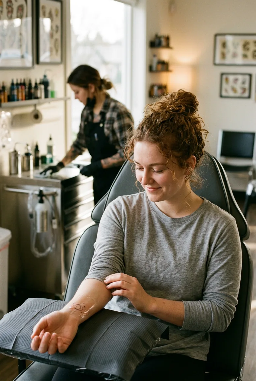 Woman examining her fresh small wrist tattoo while sitting in modern tattoo parlor chair