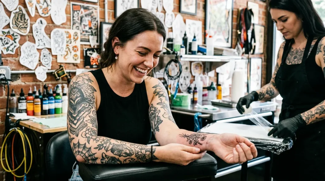 Woman in tattoo studio looking down at fresh shoulder tattoo with delighted expression while artist adjusts wrap