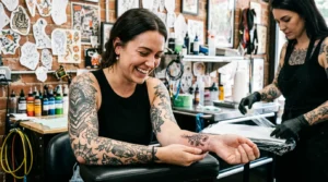 Woman in tattoo studio looking down at fresh shoulder tattoo with delighted expression while artist adjusts wrap
