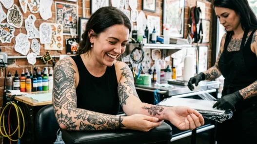 Woman in tattoo studio looking down at fresh shoulder tattoo with delighted expression while artist adjusts wrap