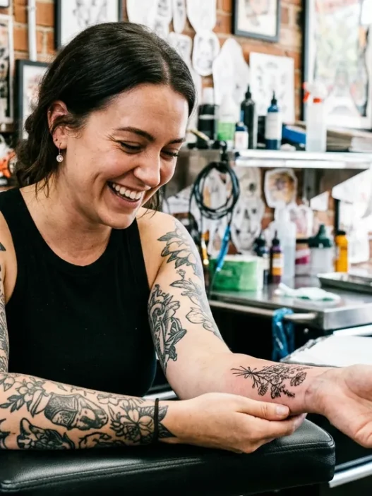 Woman in tattoo studio looking down at fresh shoulder tattoo with delighted expression while artist adjusts wrap