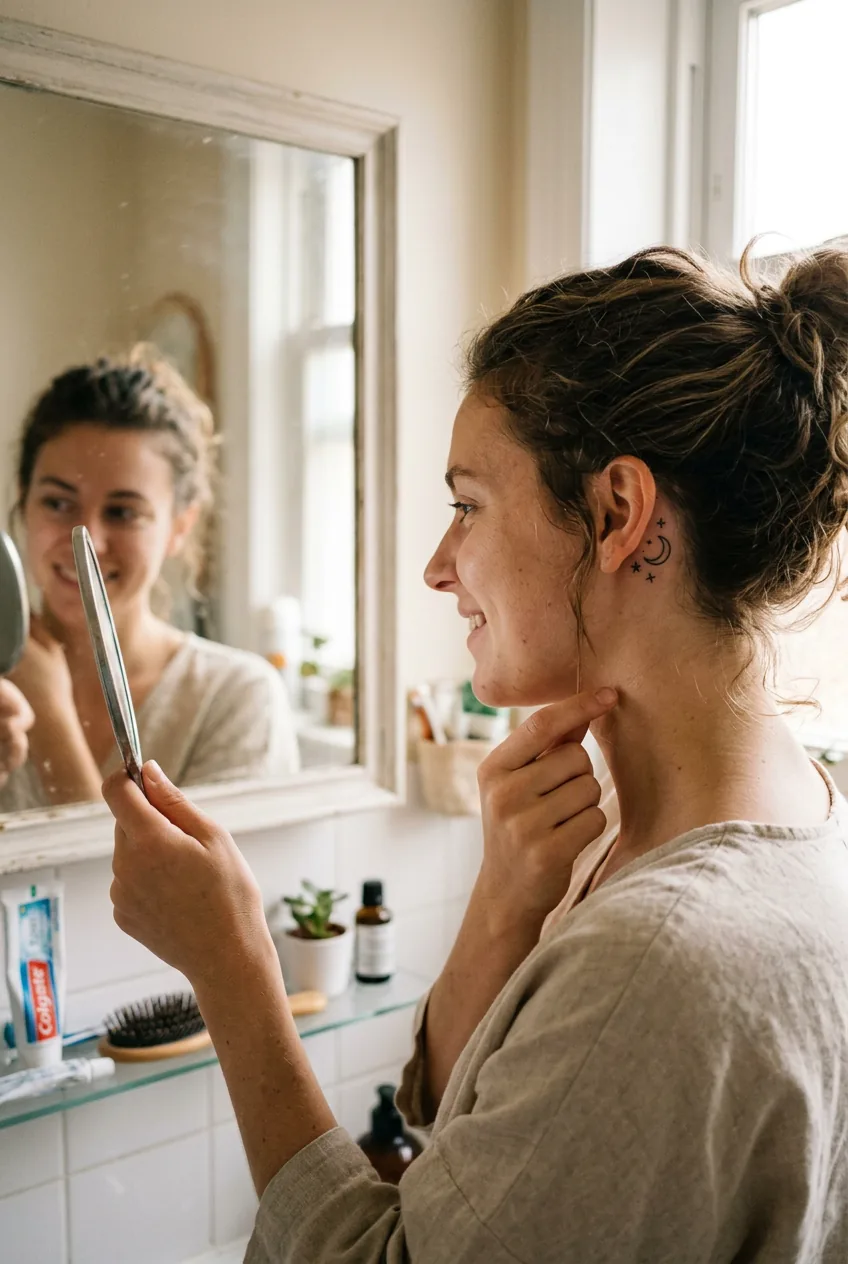 Woman admiring her healed small tattoo behind ear while looking in bathroom mirror