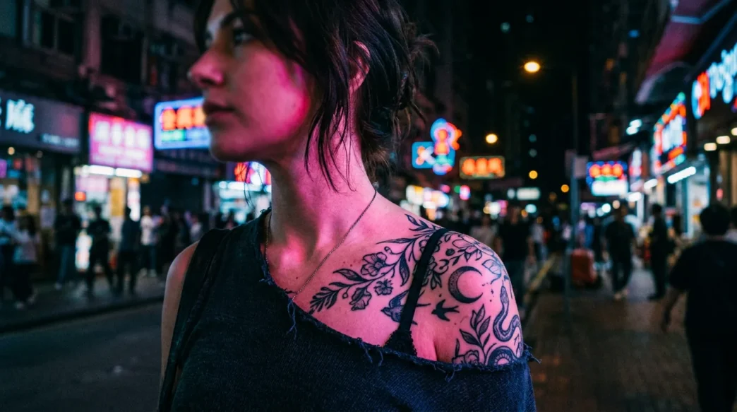 Woman with shoulder tattoo illuminated by colorful neon lights on city street at night