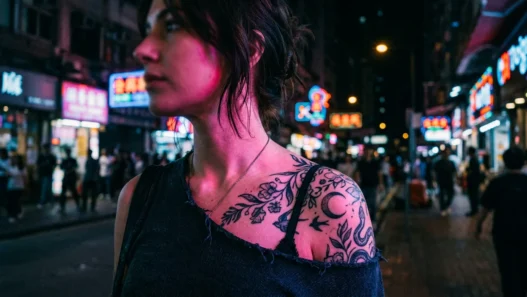 Woman with shoulder tattoo illuminated by colorful neon lights on city street at night