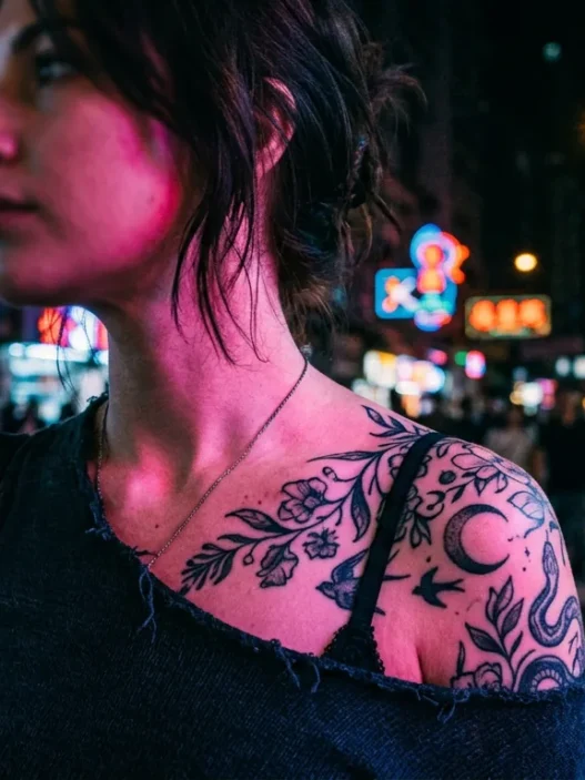 Woman with shoulder tattoo illuminated by colorful neon lights on city street at night