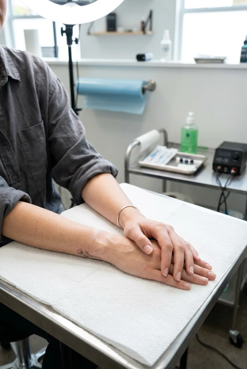 woman's hands in rolled-up sleeves ready for wrist tattoo session on clean white towel