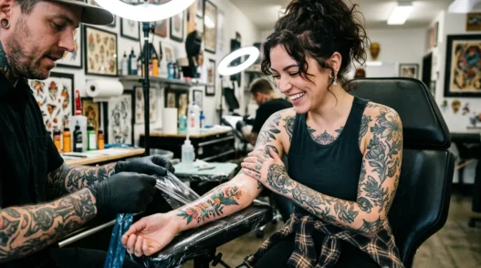 Tattooed woman in studio looking down at fresh shoulder tattoo with genuine delight while artist adjusts wrap