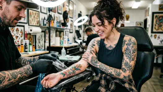 Tattooed woman in studio looking down at fresh shoulder tattoo with genuine delight while artist adjusts wrap