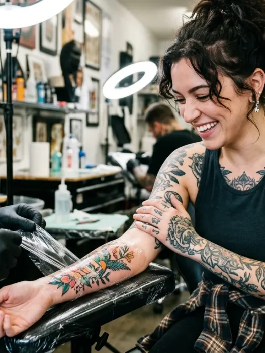 Tattooed woman in studio looking down at fresh shoulder tattoo with genuine delight while artist adjusts wrap