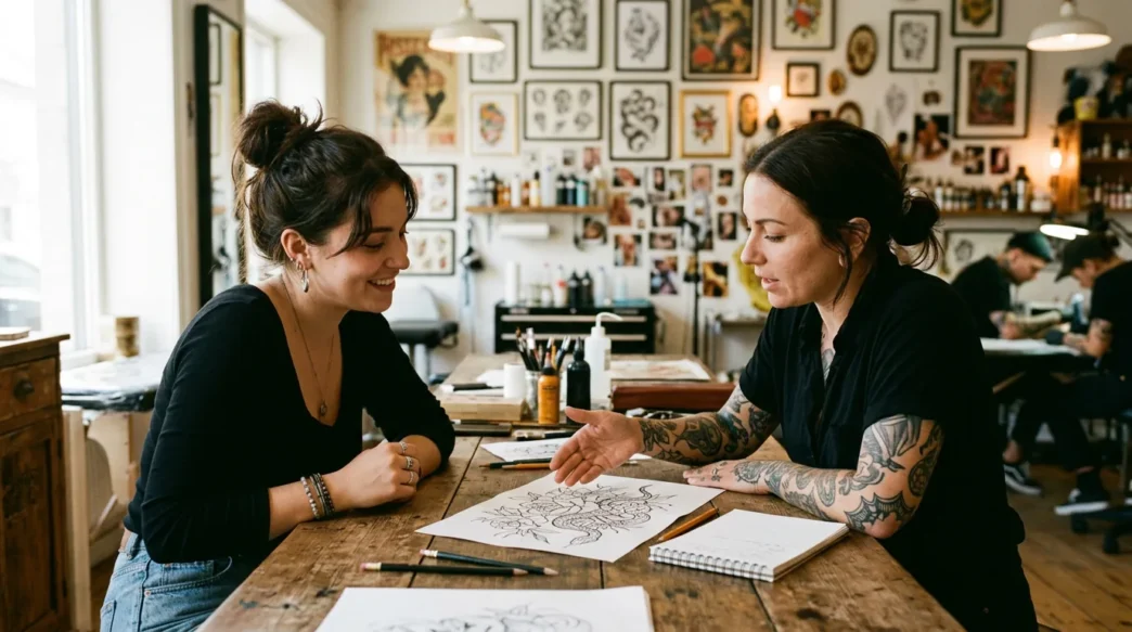 Woman sitting across from tattoo artist at bright studio table discussing small tattoo design sketches