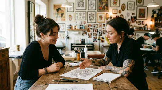 Woman sitting across from tattoo artist at bright studio table discussing small tattoo design sketches