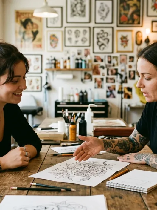 Woman sitting across from tattoo artist at bright studio table discussing small tattoo design sketches