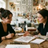 Woman sitting across from tattoo artist at bright studio table discussing small tattoo design sketches