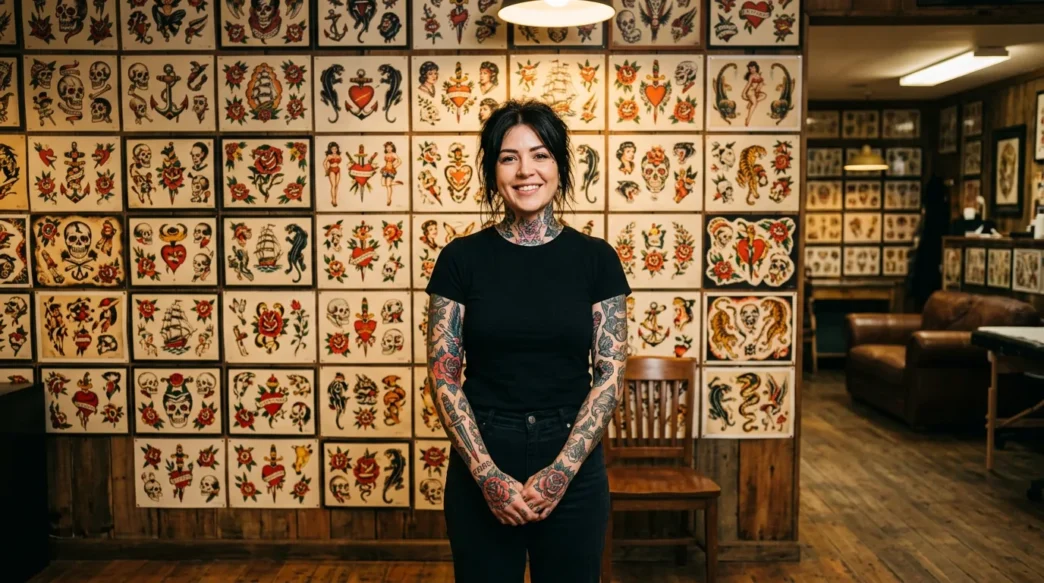 Woman with various tattoos standing in front of wall displaying traditional tattoo flash art sheets