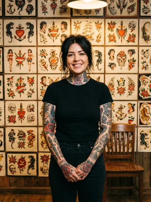 Woman with various tattoos standing in front of wall displaying traditional tattoo flash art sheets
