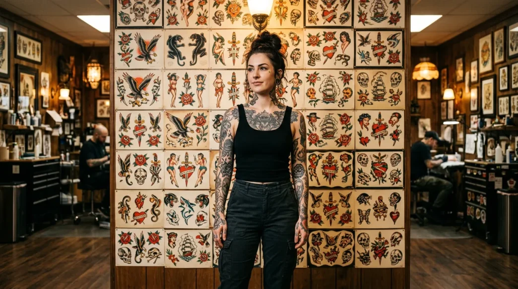 Woman with tattoos standing in front of traditional flash art wall in authentic tattoo studio