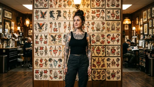 Woman with tattoos standing in front of traditional flash art wall in authentic tattoo studio
