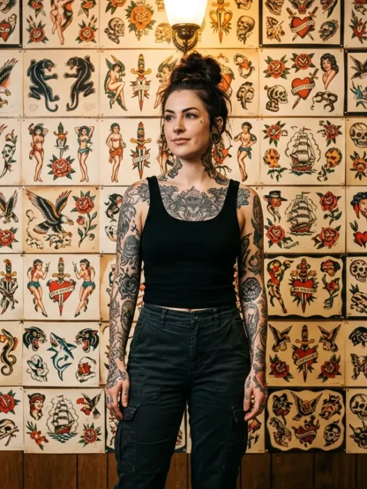 Woman with tattoos standing in front of traditional flash art wall in authentic tattoo studio