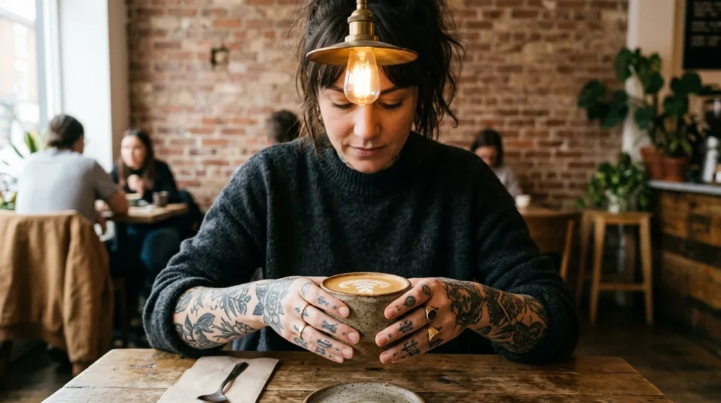 Woman with tattooed hands holding ceramic coffee cup in trendy cafe with exposed brick wall