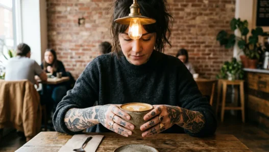 Woman with tattooed hands holding ceramic coffee cup in trendy cafe with exposed brick wall