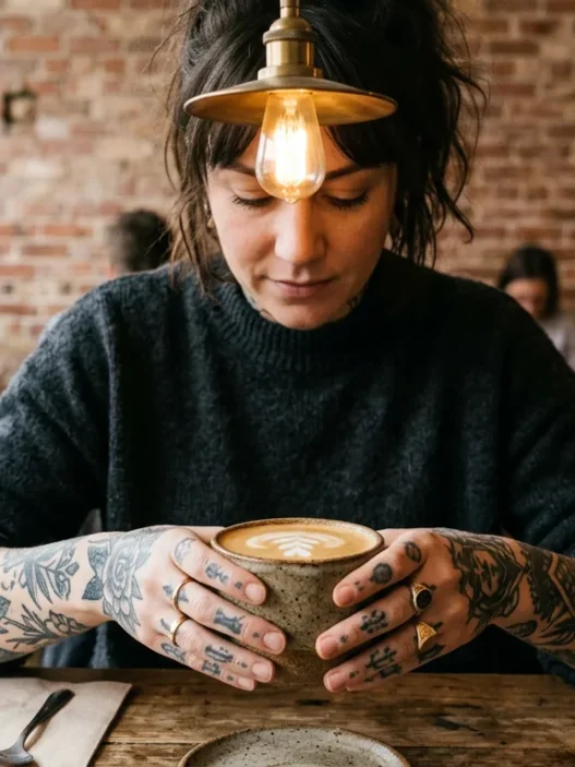 Woman with tattooed hands holding ceramic coffee cup in trendy cafe with exposed brick wall