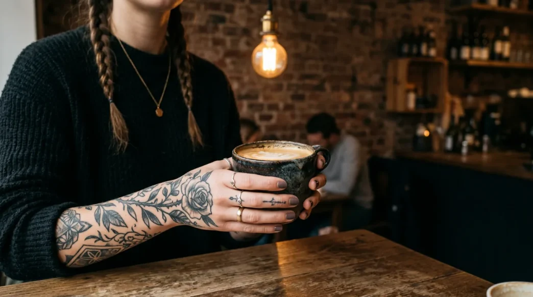 Woman with multiple finger tattoos holding ceramic coffee cup in trendy cafe setting