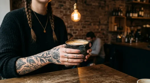 Woman with multiple finger tattoos holding ceramic coffee cup in trendy cafe setting