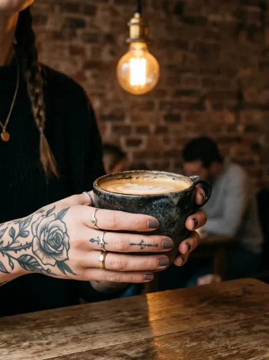 Woman with multiple finger tattoos holding ceramic coffee cup in trendy cafe setting