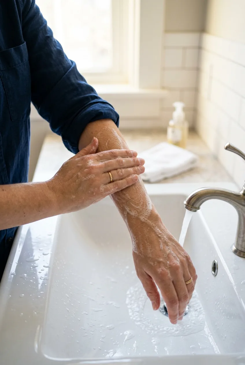 Woman washing her forearm at bathroom sink with soap suds for henna skin preparation