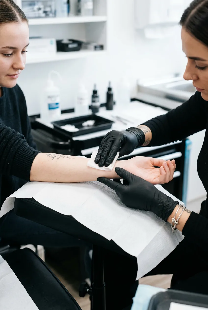 tattoo artist cleaning woman's wrist with antibacterial wipe wearing black gloves in studio