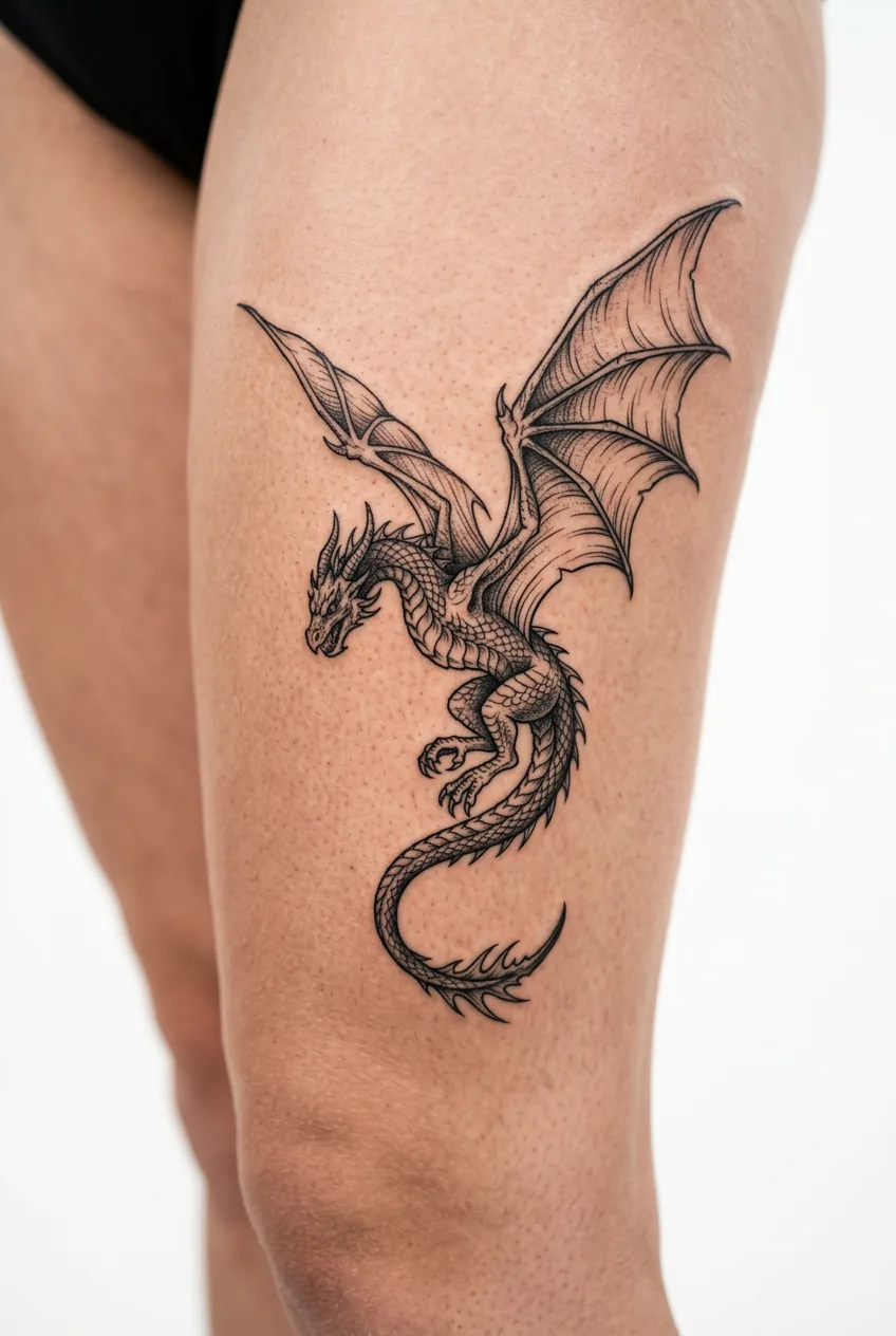 Wyvern dragon captured mid-flight with extended wings on thigh placement