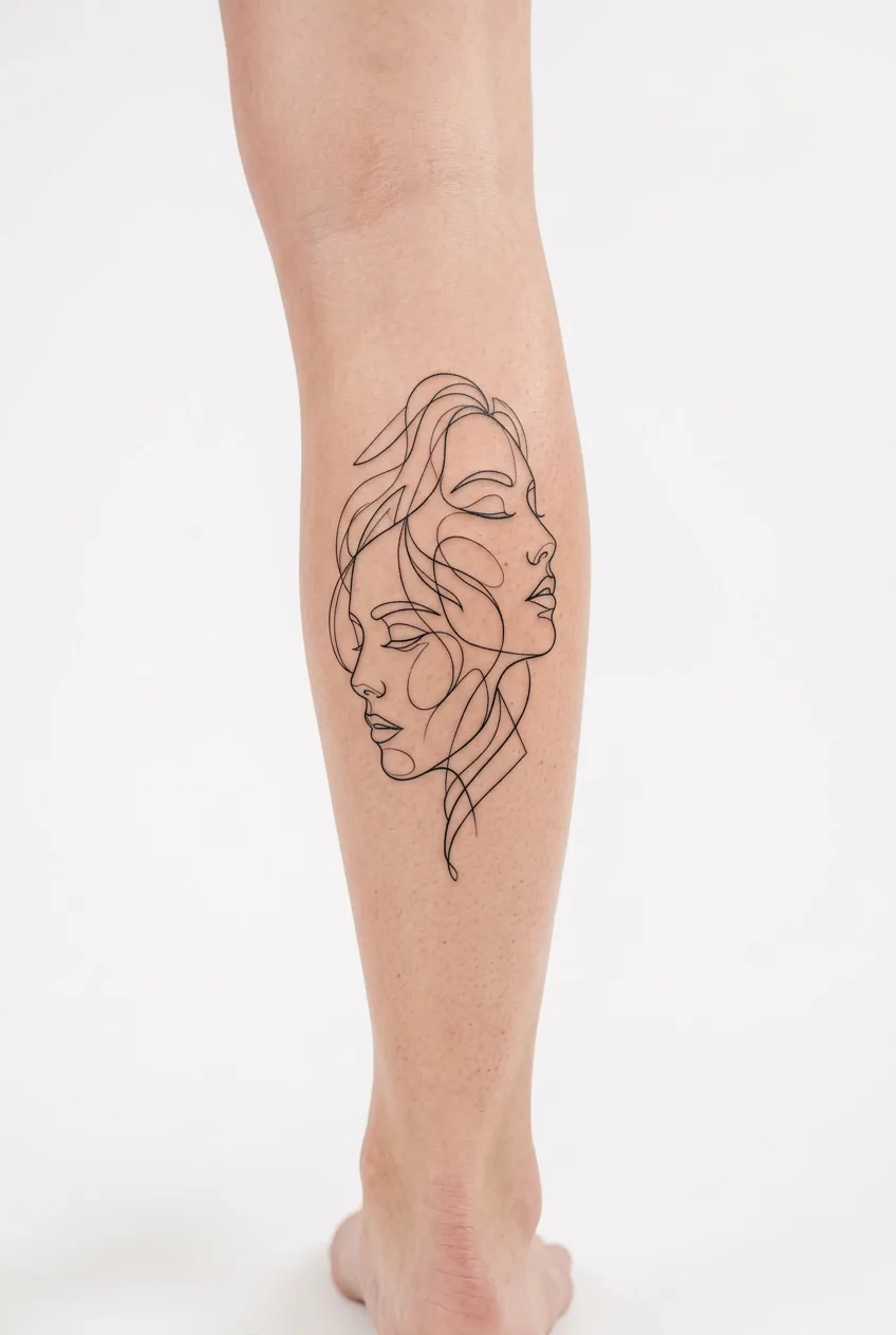Woman's calf displaying abstract fine line face tattoo with interpretive facial features