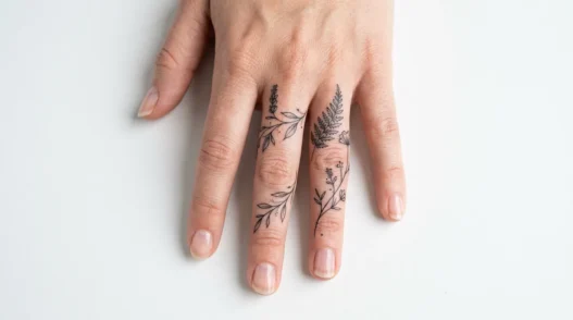 Overhead close-up of a woman's hand showing multiple delicate fine-line botanical finger tattoos in bright studio lighting