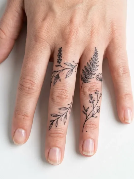 Overhead close-up of a woman's hand showing multiple delicate fine-line botanical finger tattoos in bright studio lighting