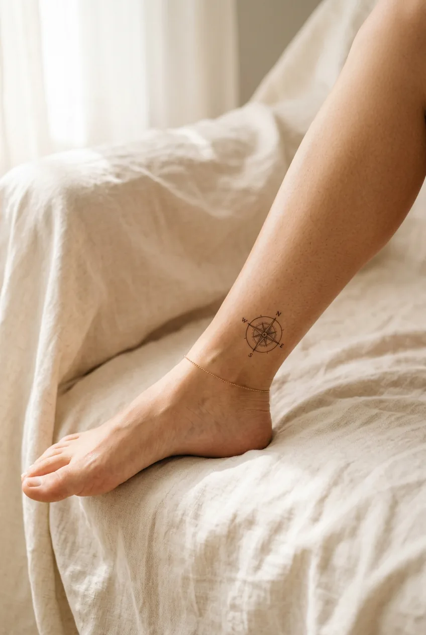 Woman's inner ankle showing a small fine-line compass tattoo with cardinal points and faint rose compass detail