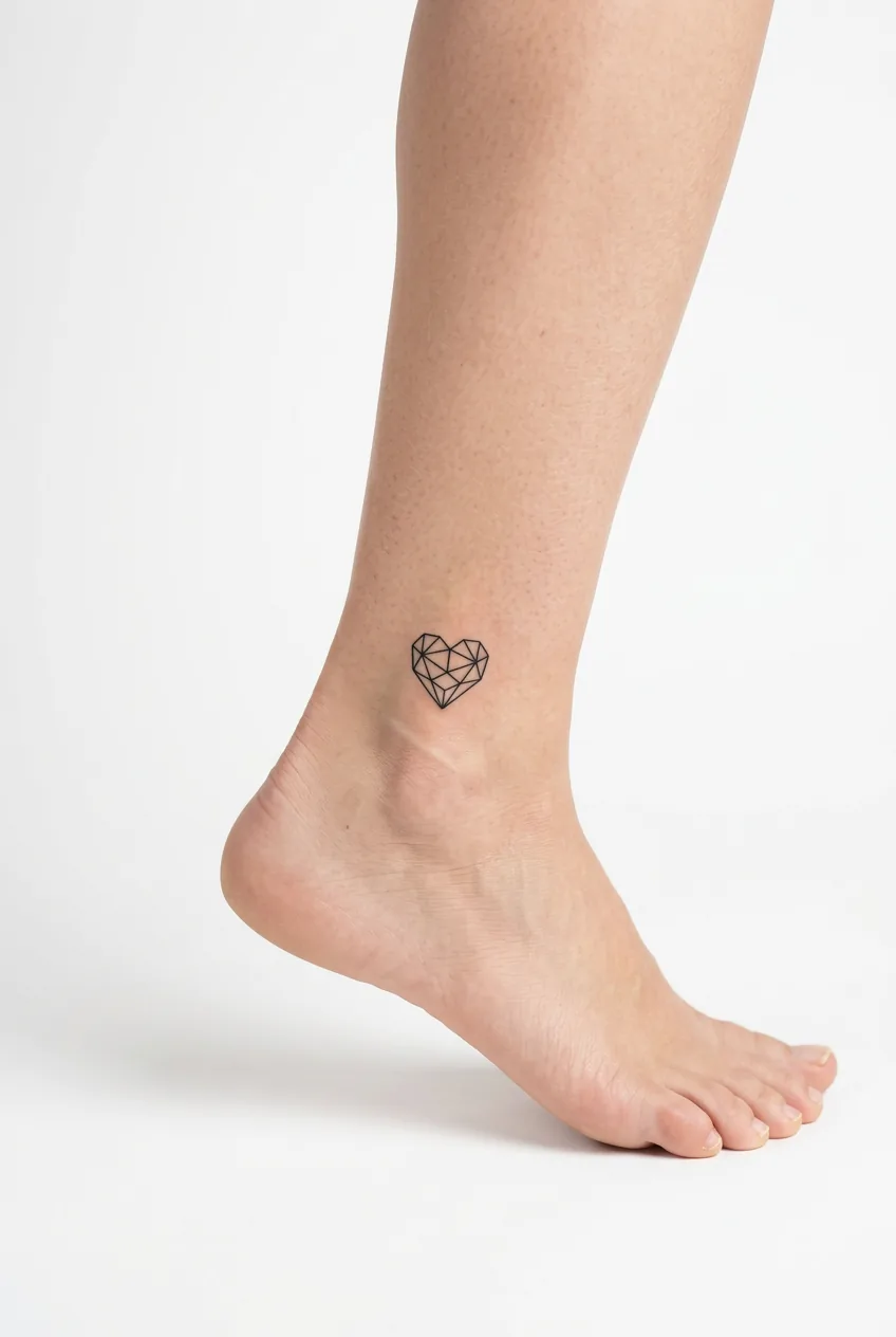 Woman's ankle bone showing tiny geometric heart tattoo roughly postage stamp sized with precise linework