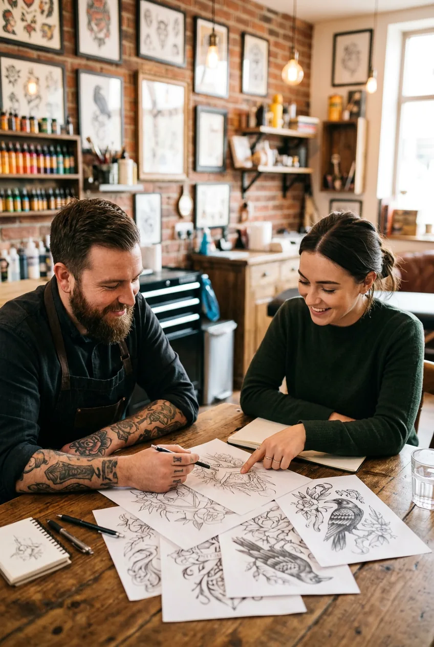 Tattoo artist and female client reviewing design sketches spread across consultation table in collaborative meeting