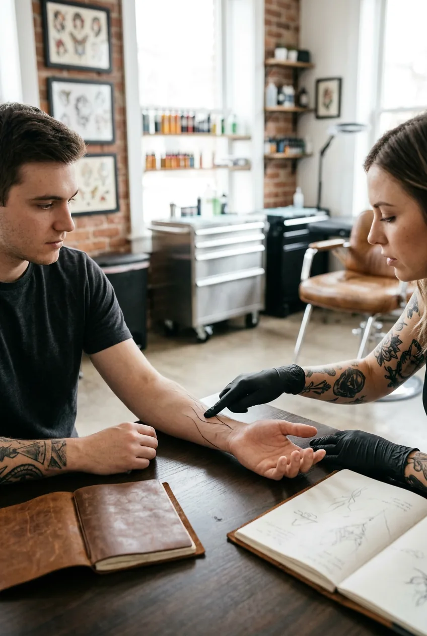 Professional consultation scene with tattoo artist examining client's hands for optimal tattoo placement considerations