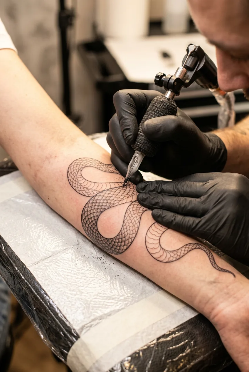 Tattoo artist's hands guiding a single-needle machine over a partially completed coiling snake design on a woman's forearm