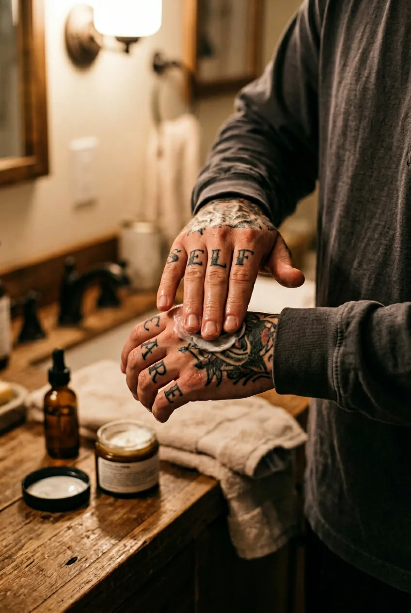 Evening skincare ritual showing tattooed hands applying moisturizer to knuckle tattoos in bathroom