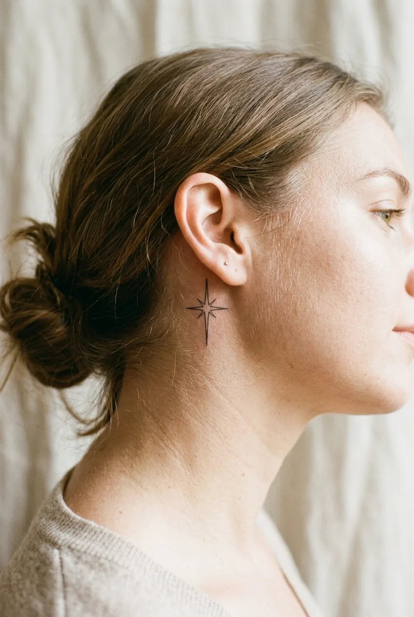 Behind-the-ear area with a precise four-pointed star tattoo with elongated axes against soft natural linen