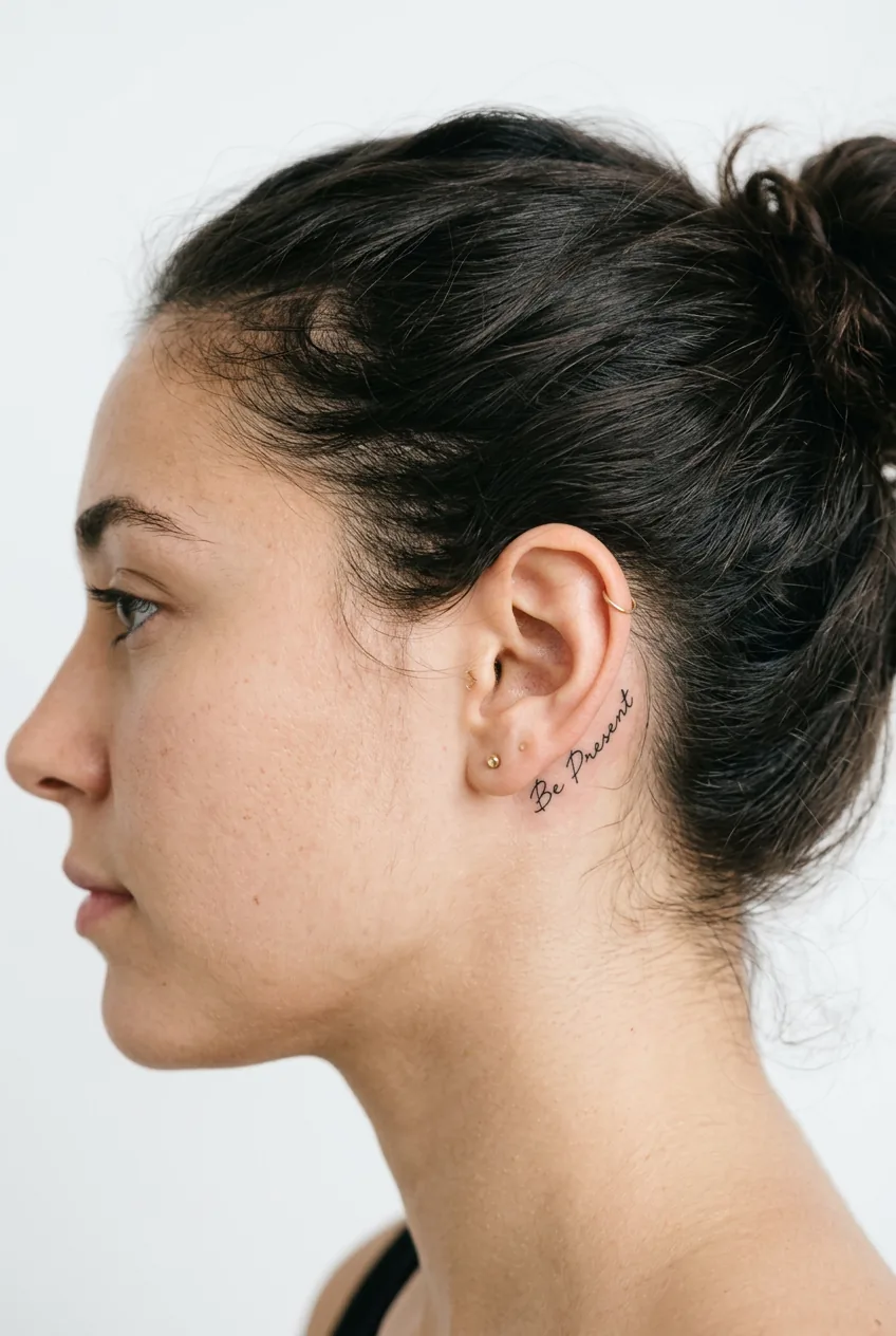 Woman's ear area showing tiny script tattoo positioned behind ear in delicate lettering