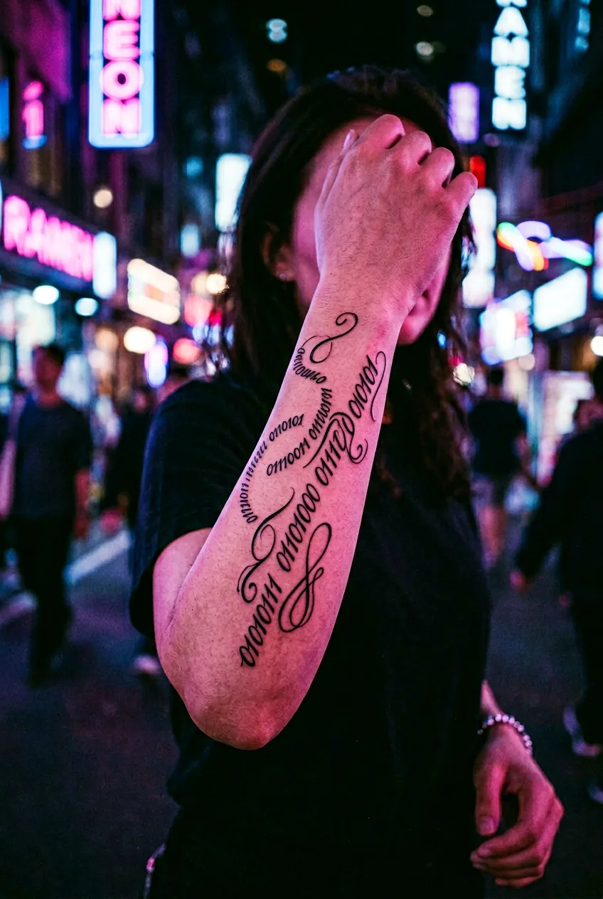 Flowing binary code script tattoo on forearm with artistic calligraphic zeros and ones
